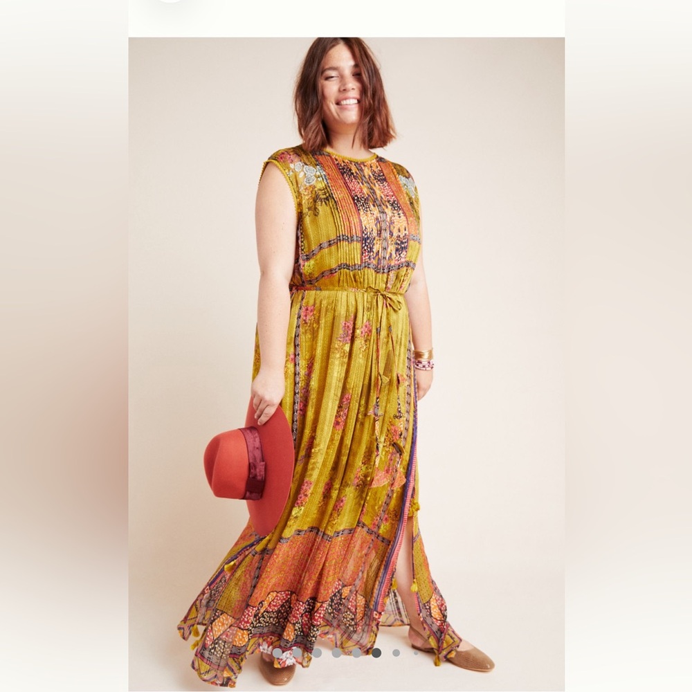 Bohemian Mustard Floral Maxi Dress - Sleeveless Tie-Neck